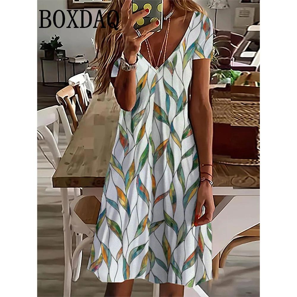 Women's Sundress Midi Dress Short Sleeve Floral Print Summer Casual V Neck Loose Dresses Plus Size 2024 Female Clothing Vestidos