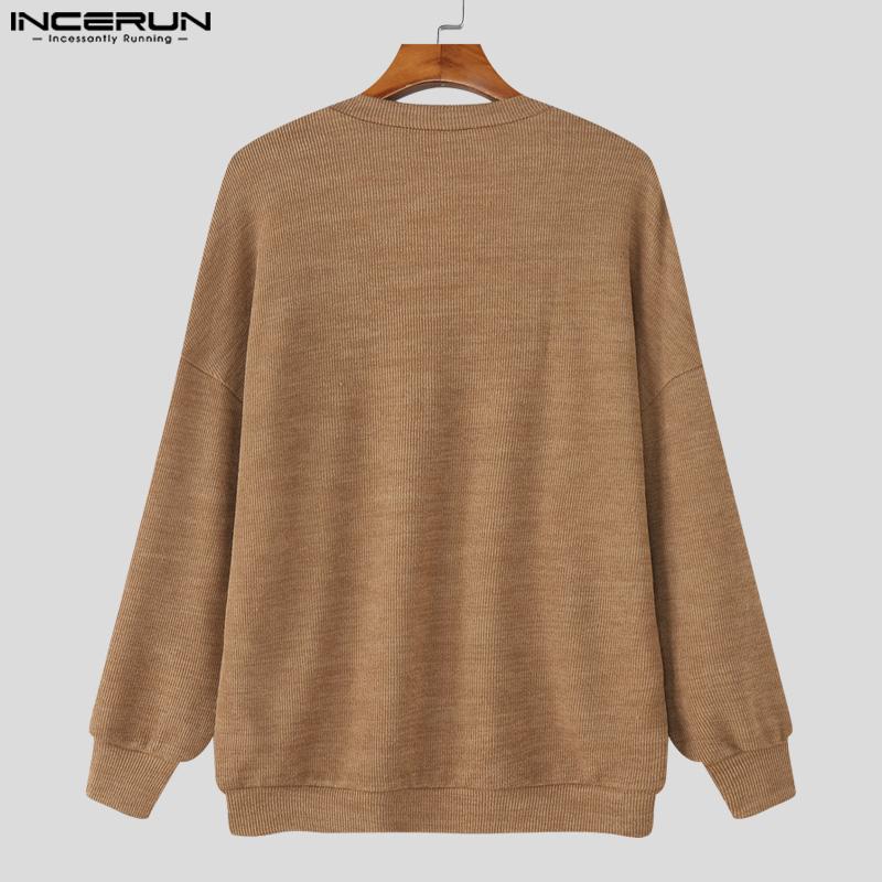 INCERUN Men V Neck Long Sleeve Texture Knitted Casual Pullover Tops