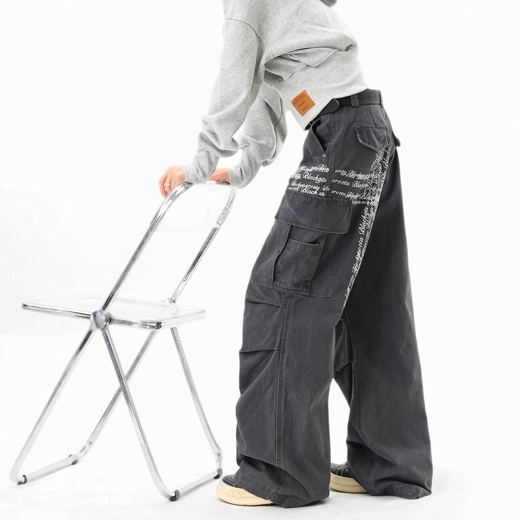 JYL Unisex Cargo Pants American Cross Print Autumn Washed Multi-Pocket Casual Denim