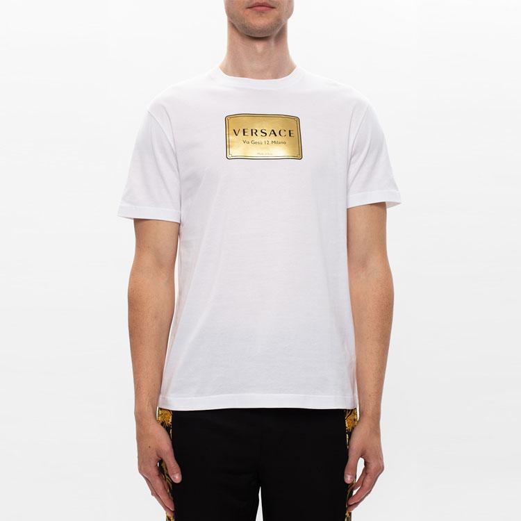 Versace Gold Logo Plaque Printed Short Sleeve T-Shirt Men Tops White A87387-A228806-A1001