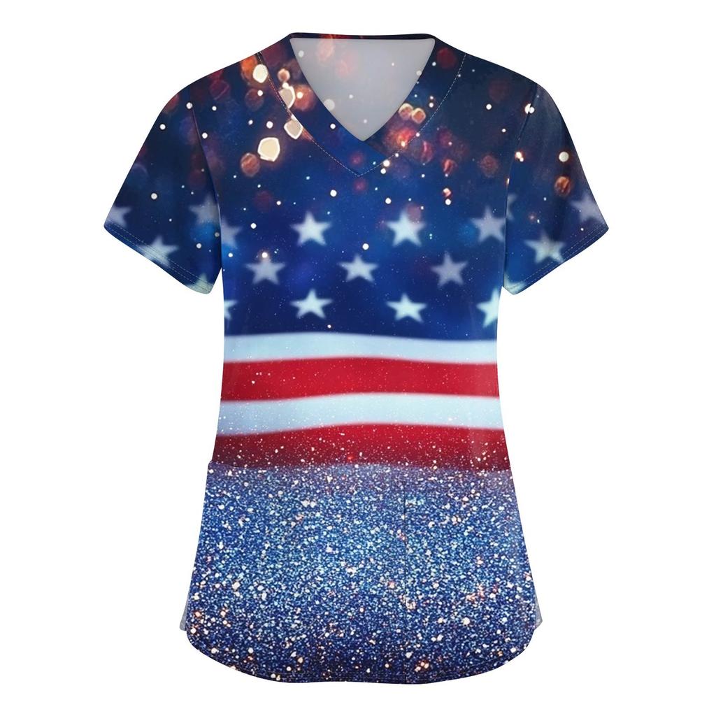Women's Short Sleeve Independence Day Printed V-Neck Pocket Workwear Top