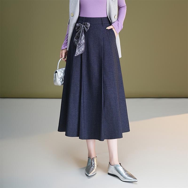 Autumn Silk Scarf Bow A-Line Pleated Skirt for Women