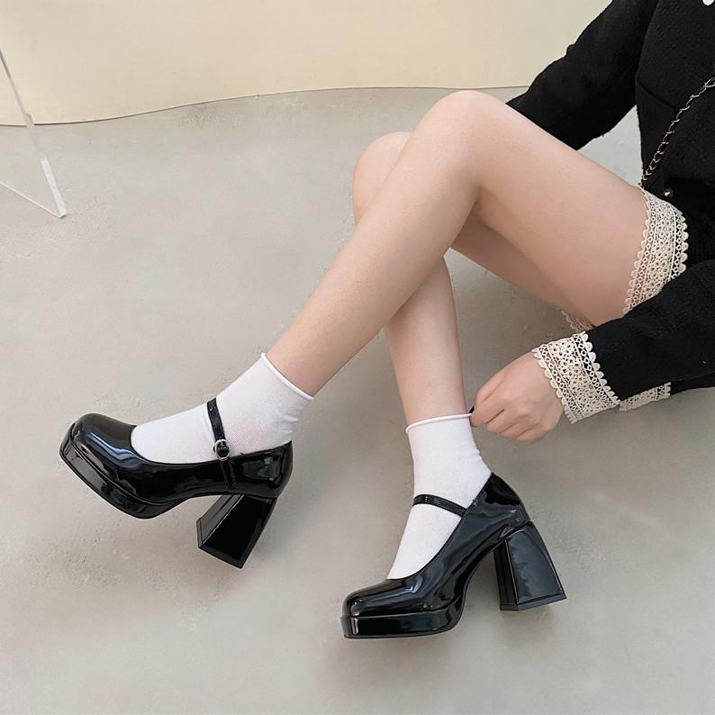 Fashion single shoes autumn new light buckle high heels thick heel square head Mary Jane shoes