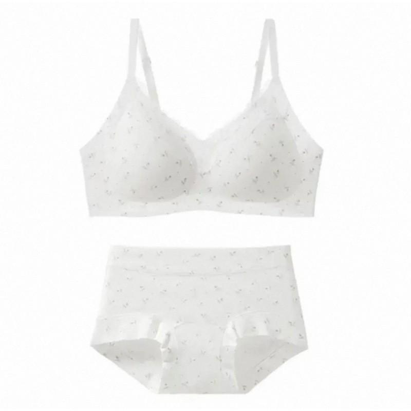 Sweet and Pure Girl Print Lace Edge Pure Cotton Underwear Women's No Steel Ring Anti-sagging Small Chest Gathering Thin Bra