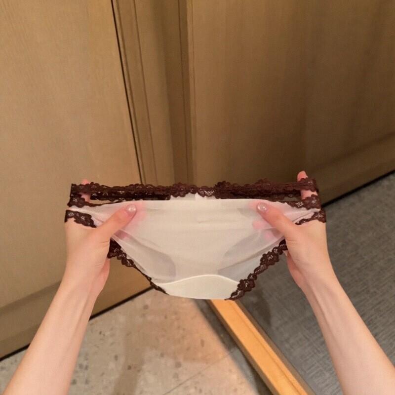 Female Summer Clash Color Satin Lace Hollow Out Thin Belt Transparent Beautiful Waist Triangle Briefs