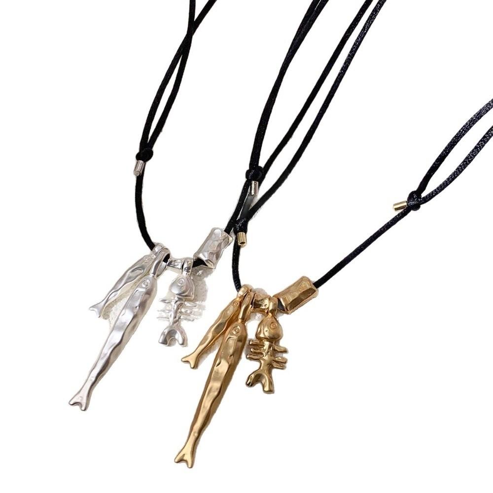 Adjustable Bone Pendant Choker Vintage Sweater Chain Exaggerated Fish Pendant Necklace Layering