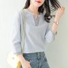 Split Sleeved Striped Shirt for Women's Spring and Autumn Versatile Ethnic Style V-neck Top