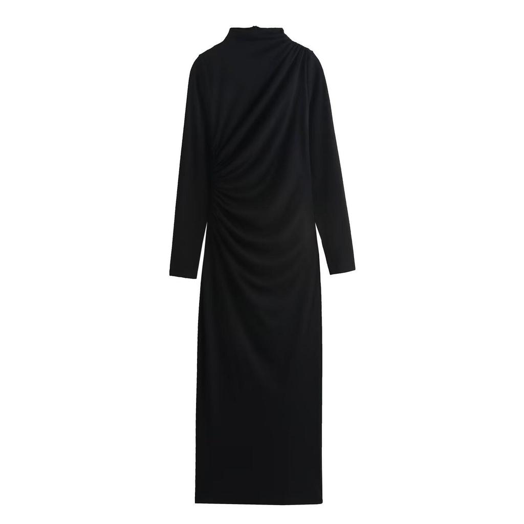 European & American Style Pleated Long Sleeve Slim Dress with Stand-Up Collar for Autumn & Winter - Women's Collection.
