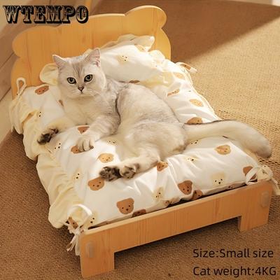 Waschbares Katzenbett aus Holz mit weichem, hautfreundlichem Stoff, abnehmbares Haustierbett im Prinzessinnenstil für Katzen und kleine Hunde, in zwei Größen erhältlich