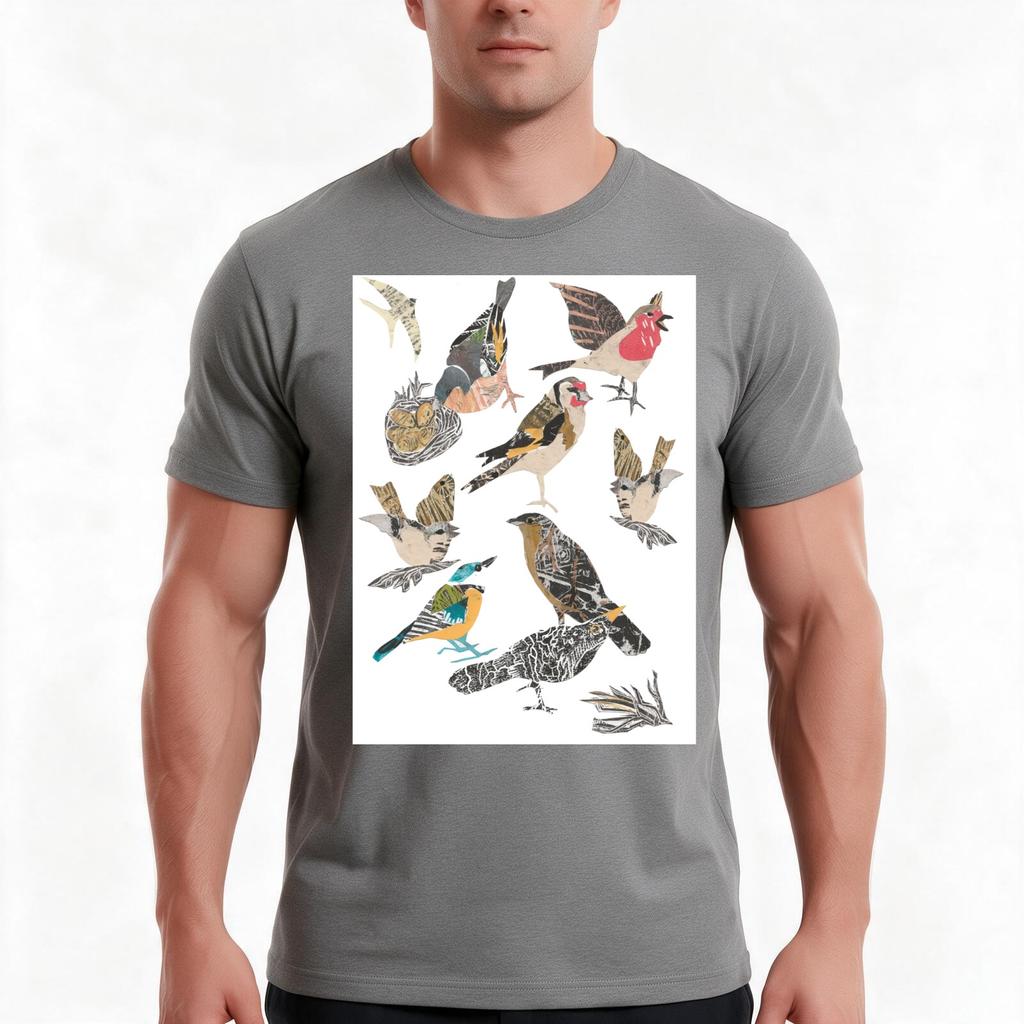 Lino Cut Garden Bird Collage TShirt Summer Casual Cotton Tee Oversized Streetwear Tops Vintage Graphic Print 100 Cotton
