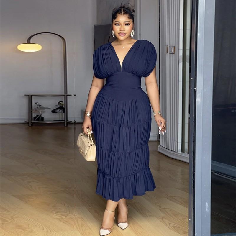 European and American women's clothing summer new fashion V-neck waist slim fit solid color pleated sleeve long dress dress