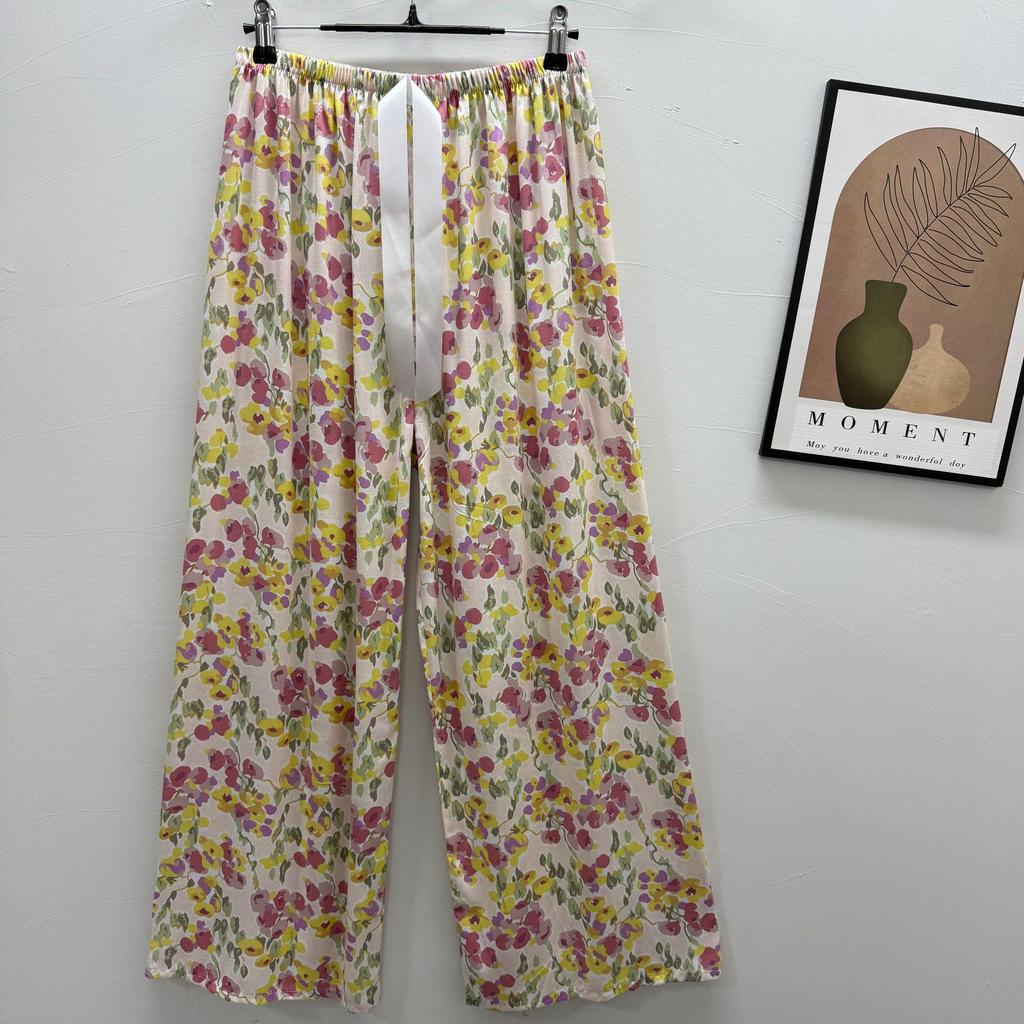 Damen-Blumen-Baumwoll-Seiden-Pyjama - Große Größen, Sommer, Leicht, Für draußen, Gerades Bein, Lockerer Schnitt