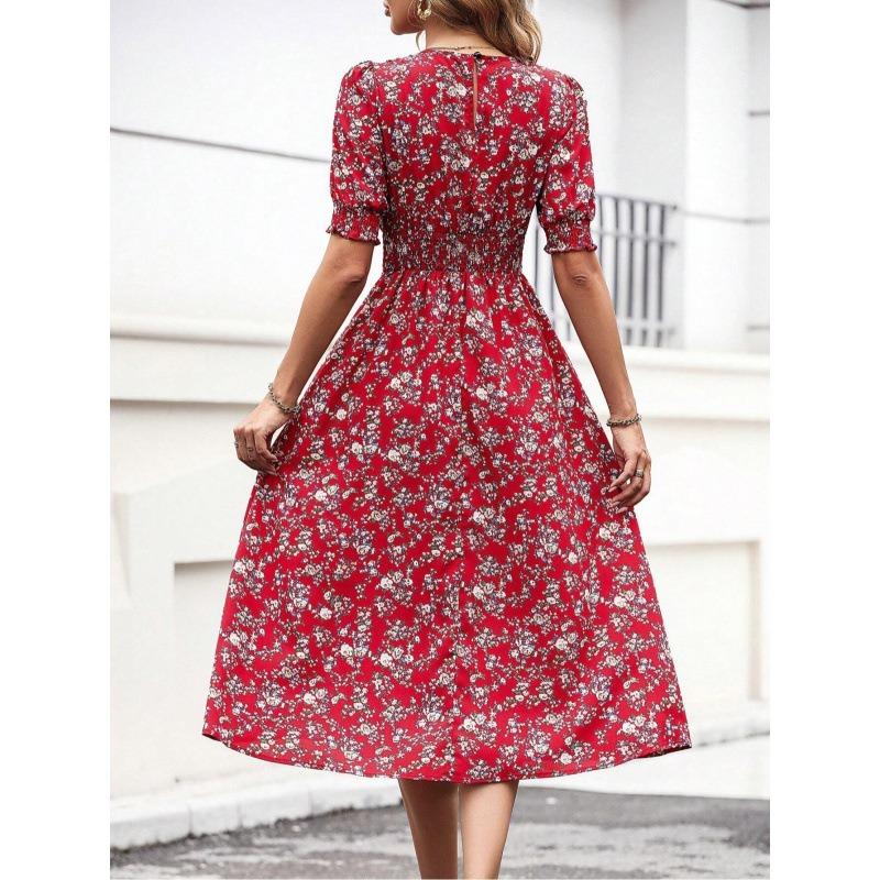 Women Floral Print Midi Dress With Puff Sleeves And Smocked Waist
