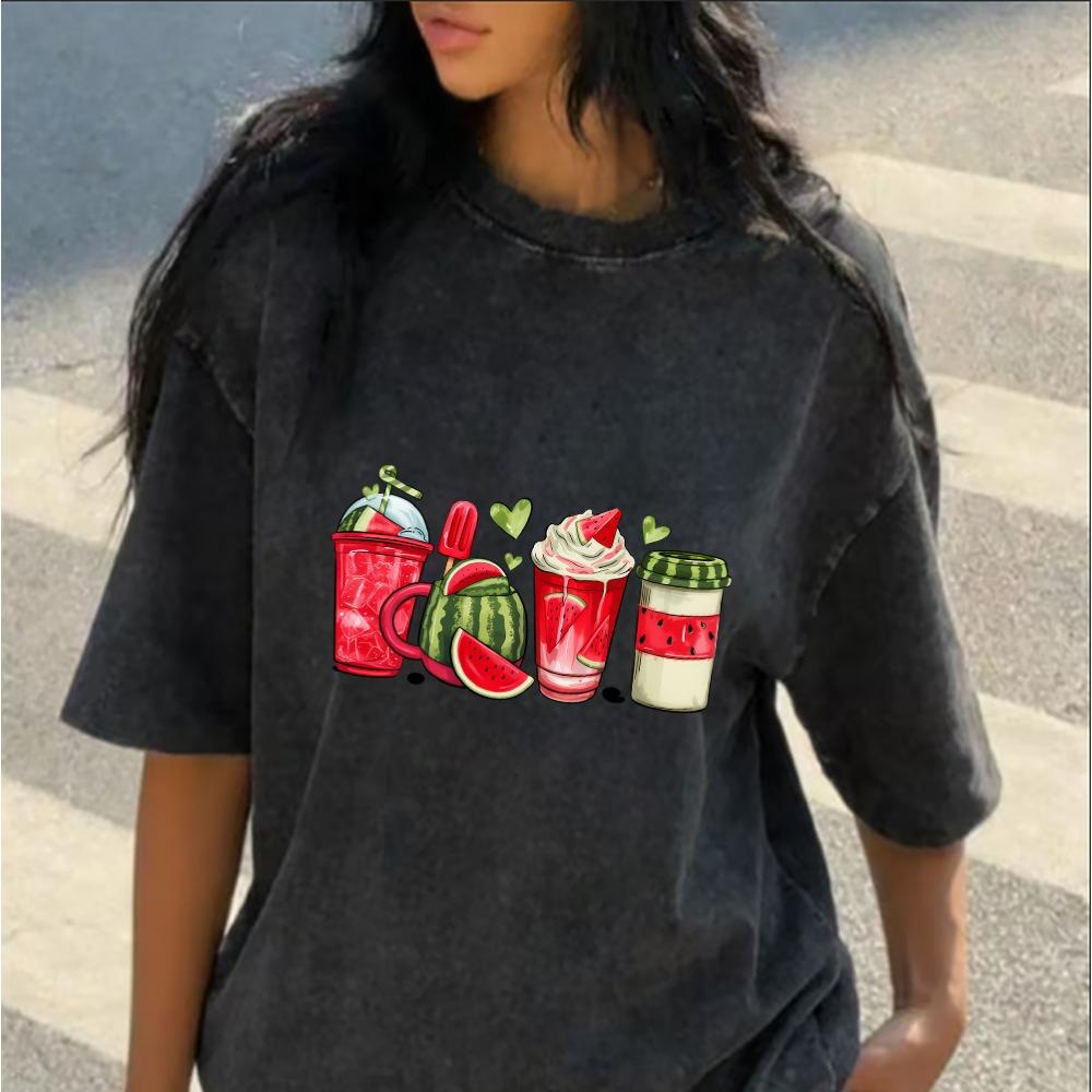 Washed Black Summer Fruit Graphic T-Shirt Watercolor Green Grape Coconut Watermelon Drink Print Top