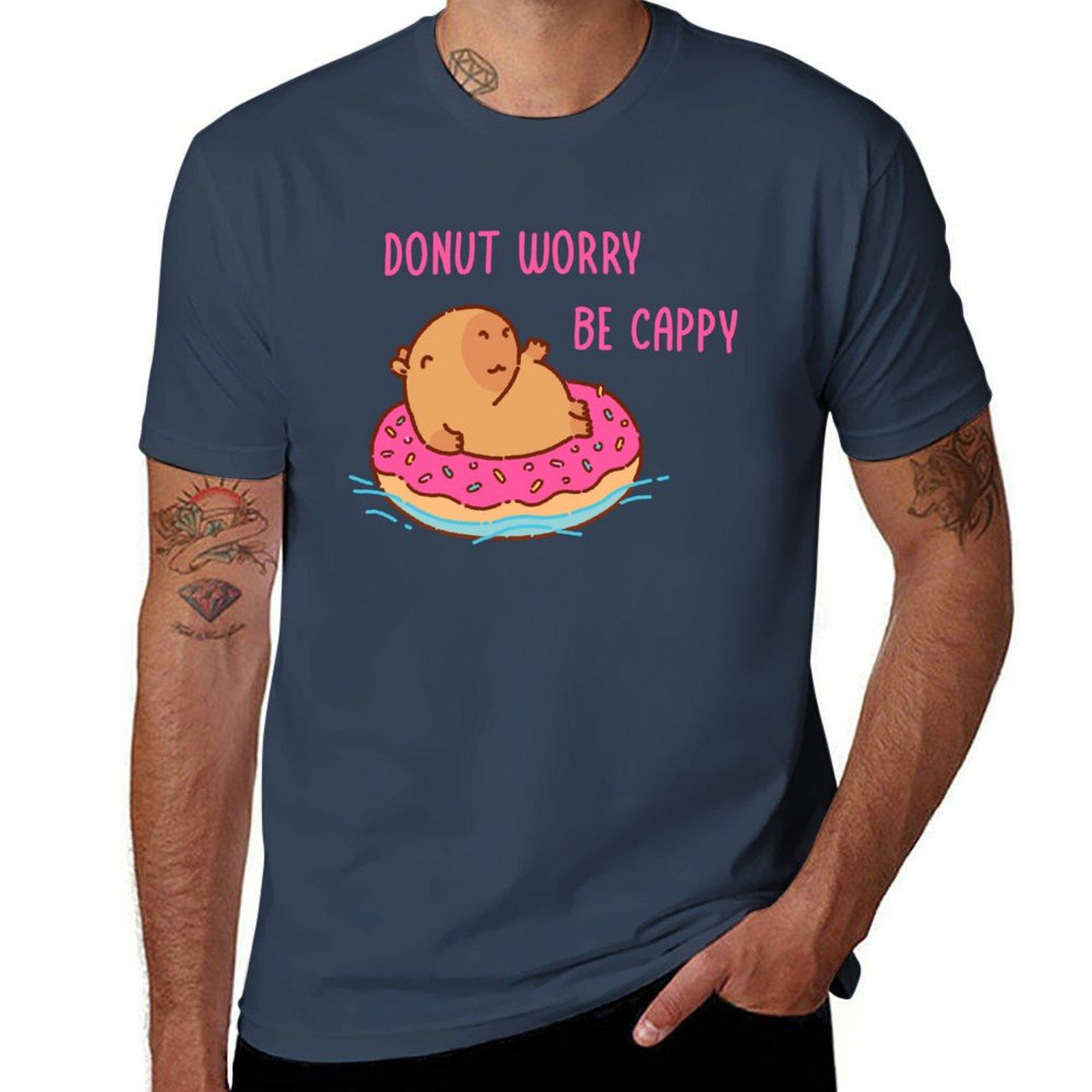 

Capybara floating in a donut floater donut worry be cappy Tshirt summer clothes mens t shirt S