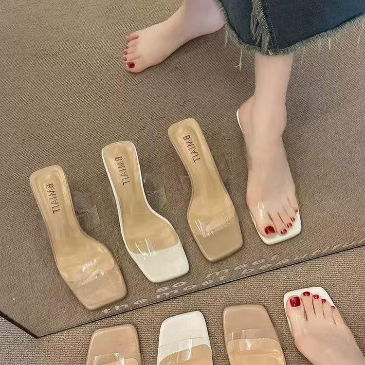 High heels slippers transparent crystal heels high heels square head lightweight high heels sandals women wear high heels cool slippers in summer