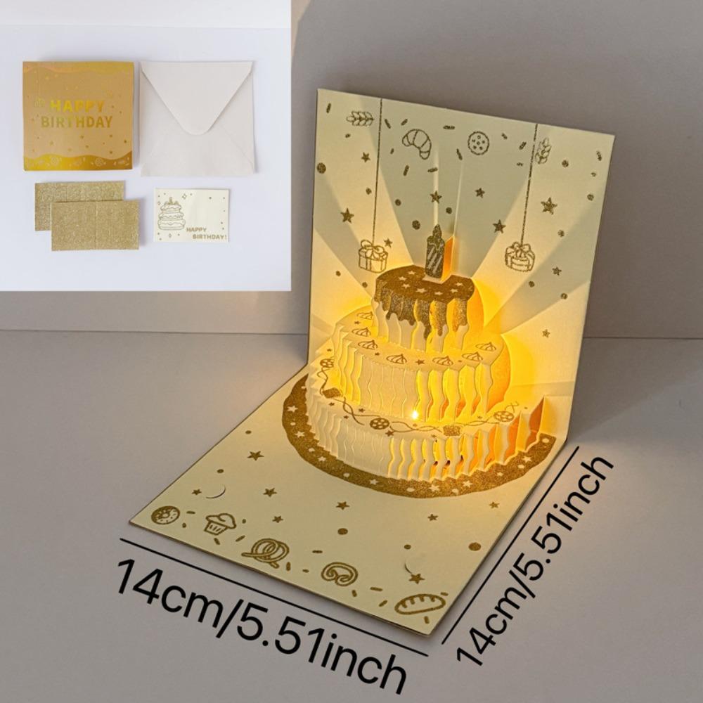 3D Happy Birthday Card Four-Layer Birthday Cake with Automatic Music Lighting Musical Light Greeting Card Pop Up with Envelope