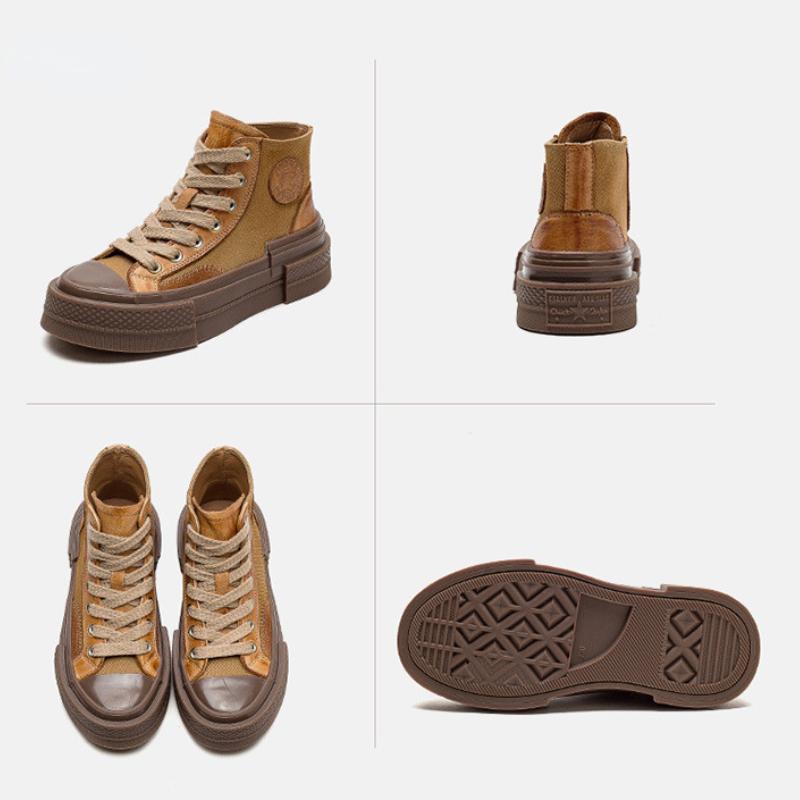 Johnature Pravá kůže Ženy Ležérní Ploché Šněrování s kulatou špičkou Silná podrážka Pohodlné boty na platformě