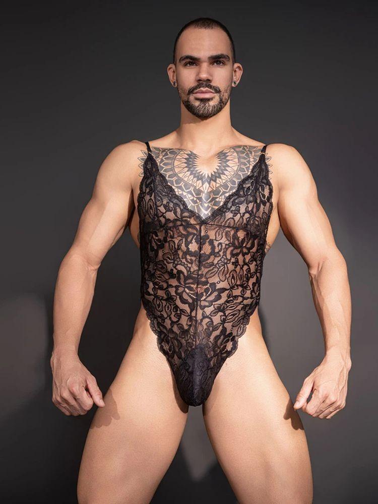 Sexy Men Lace High Cut Bodysuit Bandage Backless Maid Tights Sexy Vest Shaping Gay Wear Exotic Tank Top Club Wear