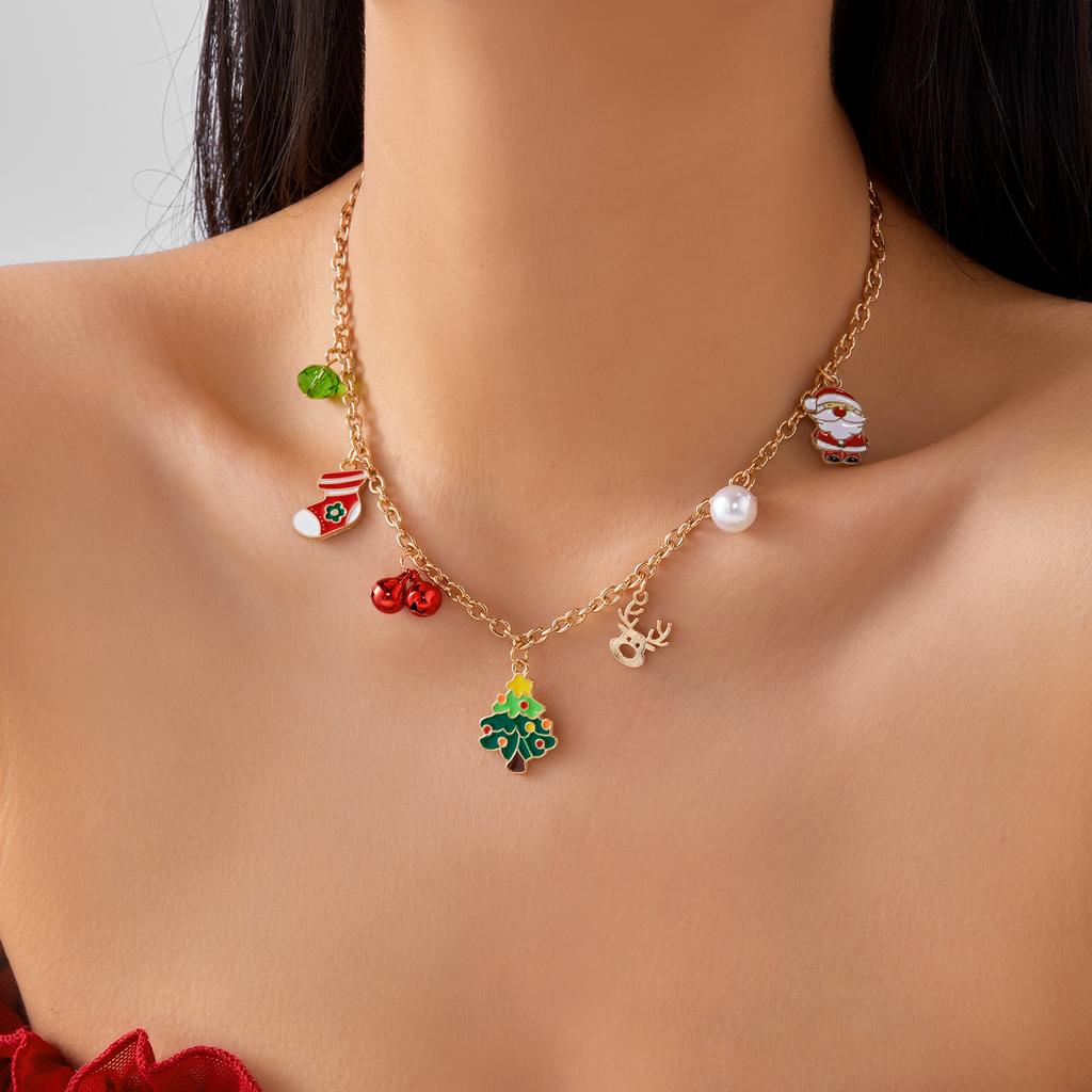 Fashion Christmas Tree Candy Boot Bell Pendant Necklace for Women Handmade Metal Chain Choker Collar Xmas New Year Jewelry Gifts