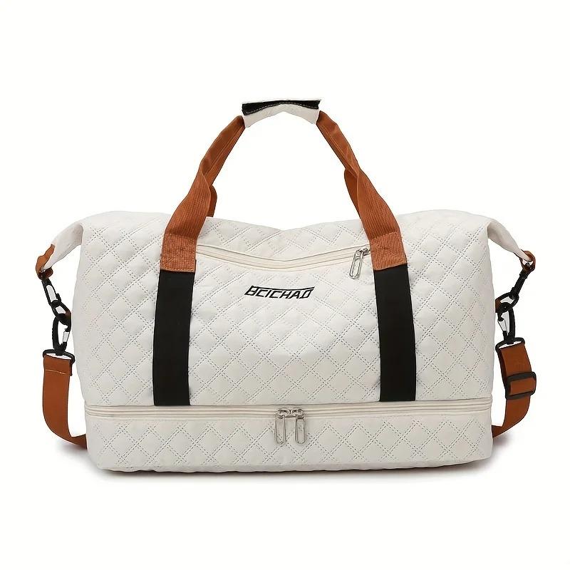 Nylon Travel Duffle Bag with Shoe Compartment Large Capacity Argyle Pattern Casual Weekender Overnight Gym Storage Bag
