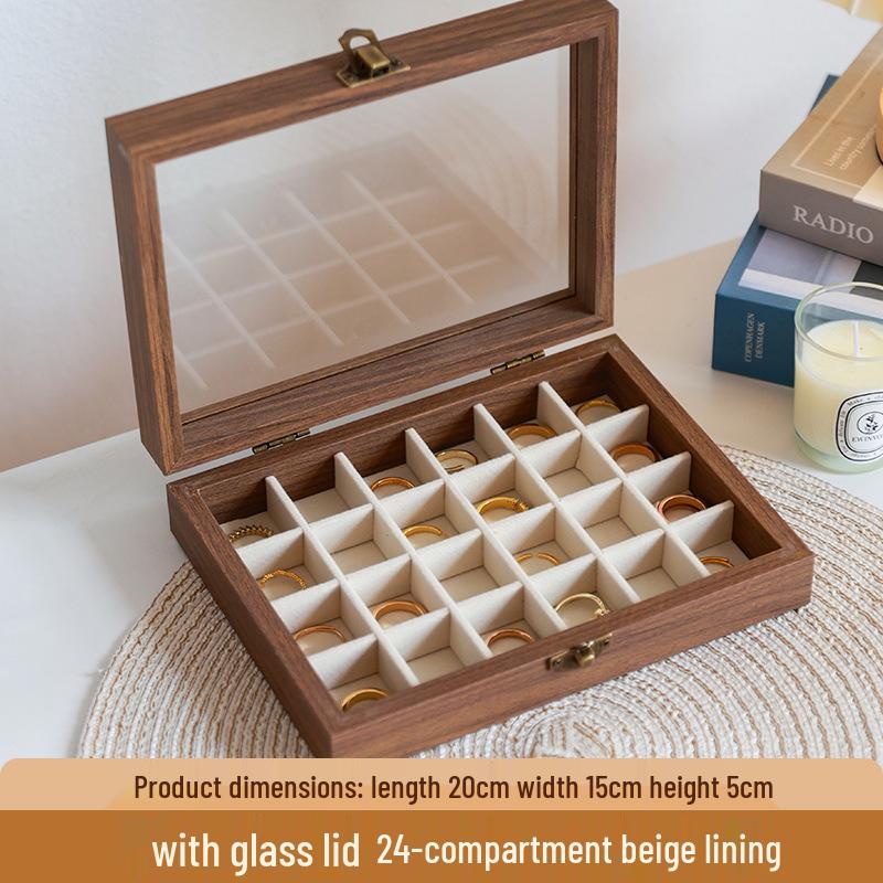 High-End Walnut Wood Grain Flip-Top Jewelry Box – Dustproof, Anti-Oxidation Ring Display