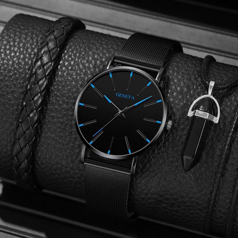 Black Skull Dial Quartz Watch & Bracelet Set (3-Piece)