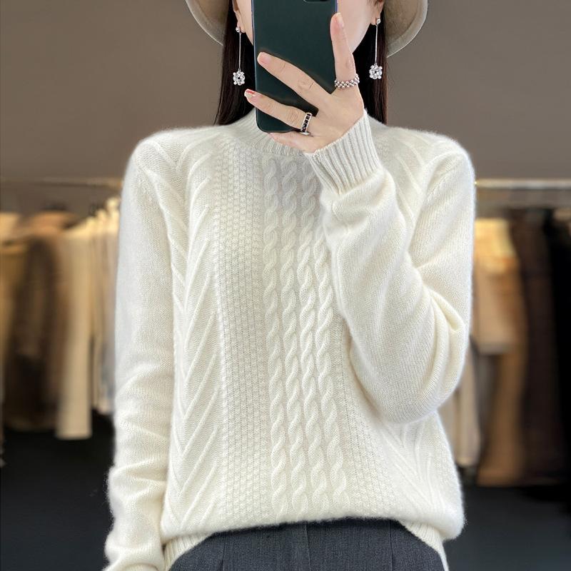 Vintage Women's Sweater Solid Autumn Winter New Half High Collar Pullover Knit Shirt Top