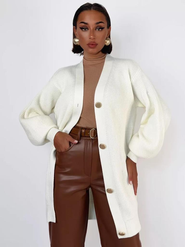 Medium-length Knit Sweater Jacket Female Solid Color Casual Wild Loose V-neck Early Fall Knitted Cardigan Female