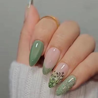 Unghie finte a mandorla primaverile, manicure francese a forma di occhio di gatto, pezzo di unghia a forma di fiore, pezzo di unghia a forma di farfalla, toppa per manicure