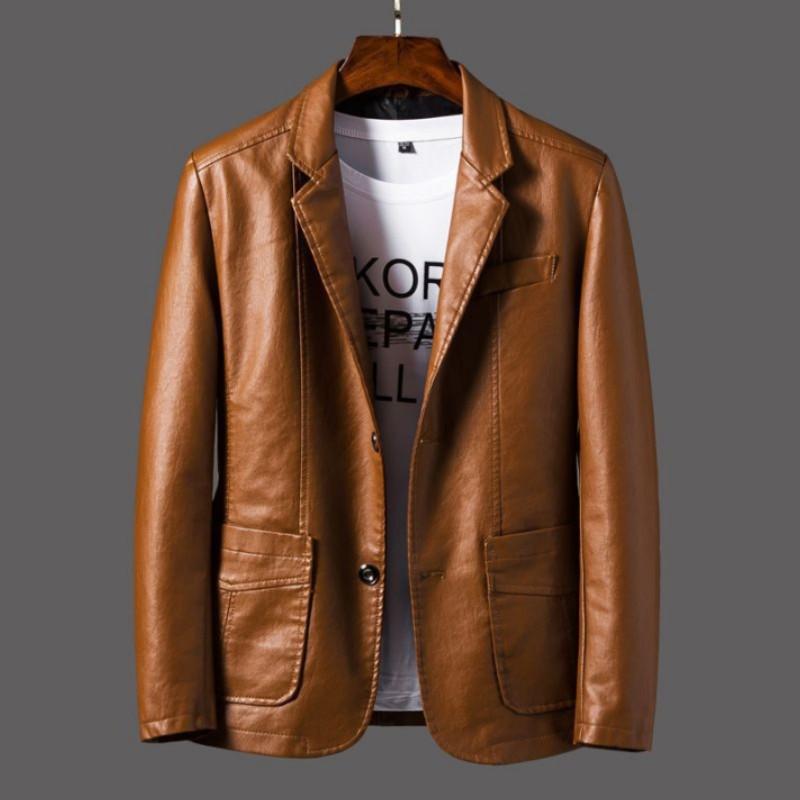 

Men s Autumn Business Slim-Fit Suit Collar Leather Jacket Youth Round Hem Single-Breasted Motorcycle Jacket XS
