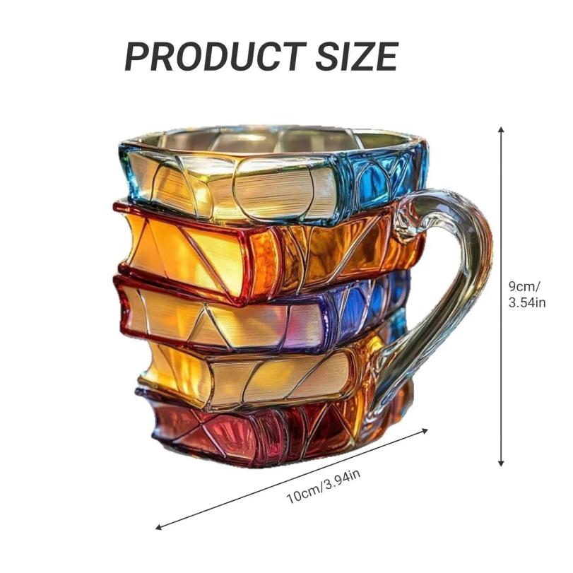 Bemalte Buchtasse, 3D Bunte Glasbuch-Kaffeetasse, Neuheit Bücherstapel Kaffeetasse Weihnachtsgeschenke für Literatur-Buchliebhaber