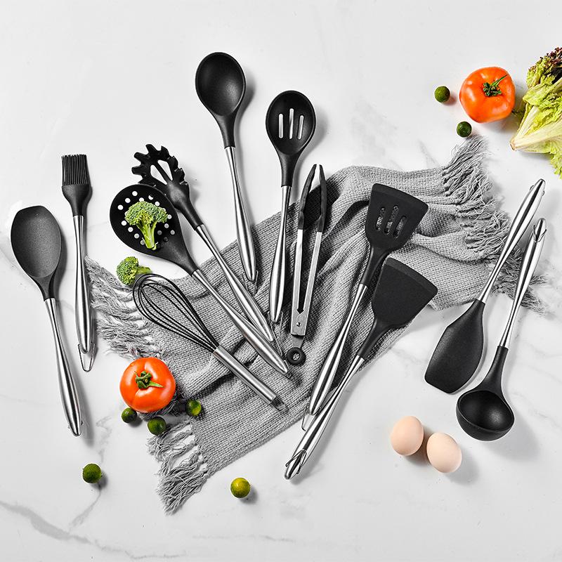 12-Piece Stainless Steel & Silicone Kitchen Utensil Set with Storage Bucket: Spatula, Spoon, Whisk Set