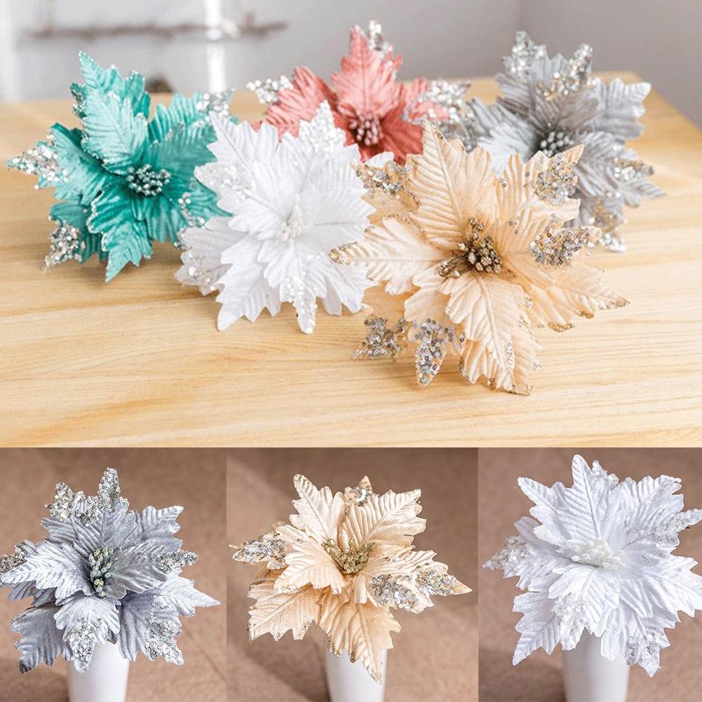 Beautifully Crafted Poinsettia Glitter Artificial Flowers for Christmas Tree