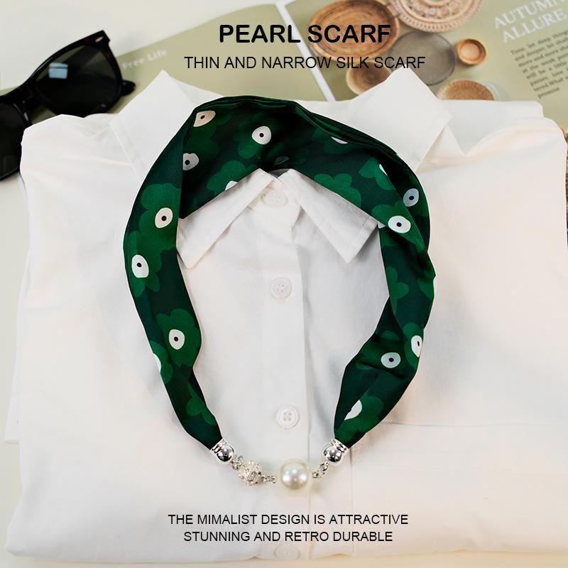 Elegant Silk Scarf with Magnetic Buckle and Pearl Necklace - Stylish Clavicle Chain for Women