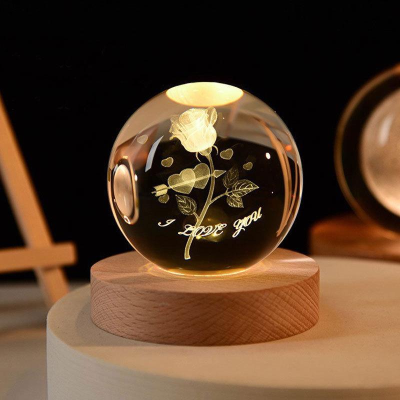 8cm Crystal Ball Night Light Galaxy 3D Laser Engraved Ornament Wooden Galaxy Night Lamp