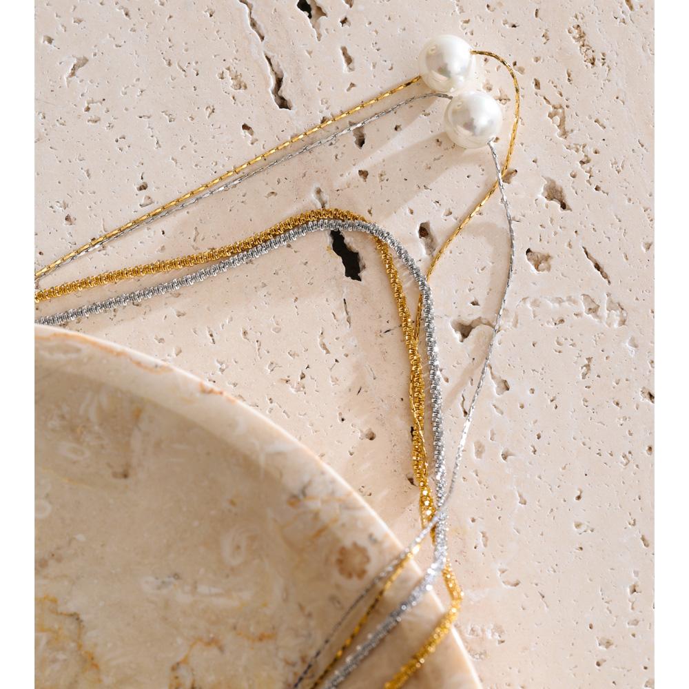 Yhpup Stainless Steel Double-Layer Simulated Pearls Pendant Necklace Korean Style Chic Daily Charming Jewelry Accessories Gift