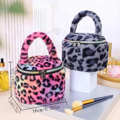 Schminktasche aus Plüsch mit Leopardenmuster für Damen, große Kapazität, Tragetasche für Hautpflege, Ins Wind, multifunktionale Reisekosmetiktasche
