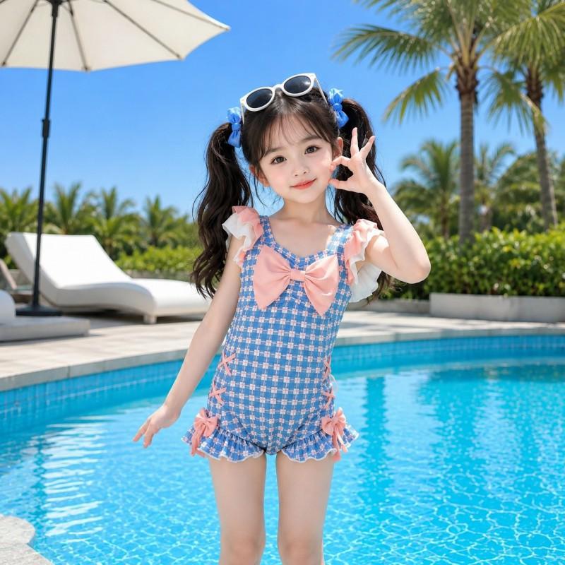 Girls One-Piece Swimsuit With Ruffled Sleeve Bow Tie Side Ties Blue Pink Plaid Ages 2-12