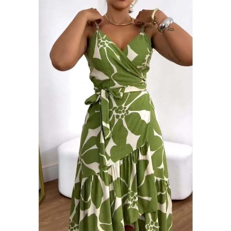 

Женское летнее элегантное платье с перекрестным воротом и поясом с цветочным принтом 3XL зелёный