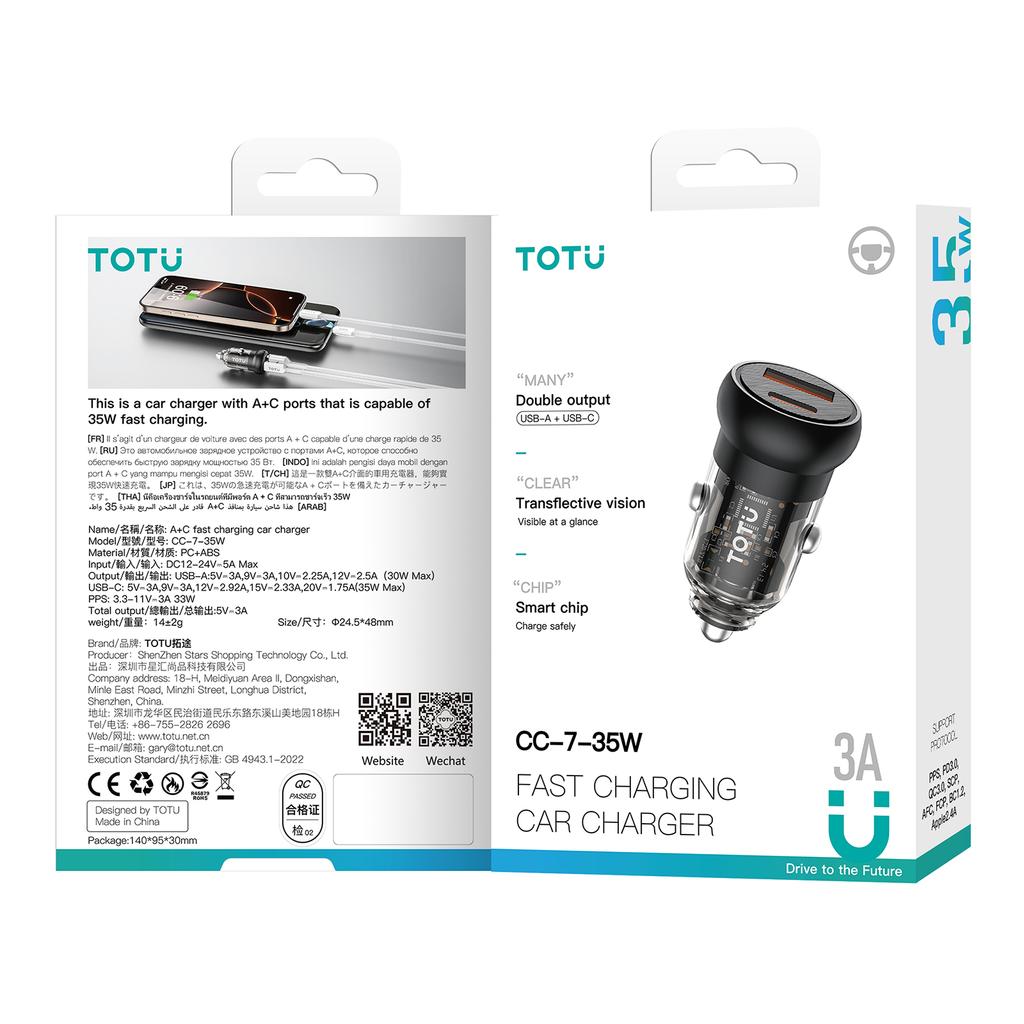 TOTU CC-7-35W Car Phone Charger USB-A + USB-C Dual Ports 35W Fast Charging Socket Cigarette Lighter