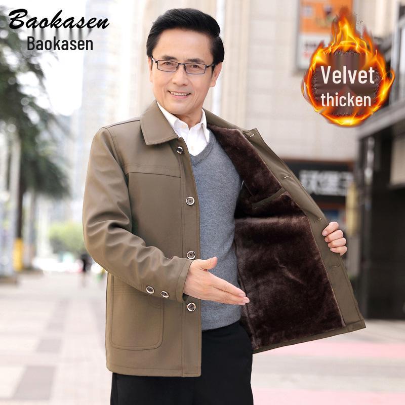 Men's Middle-Aged & Elderly Plus Velvet Thickened Jacket Coat - Suitable for Dad, Grandpa Winter/Spring/Autumn, Zhongshan Suits, 70+ Cotton Wear