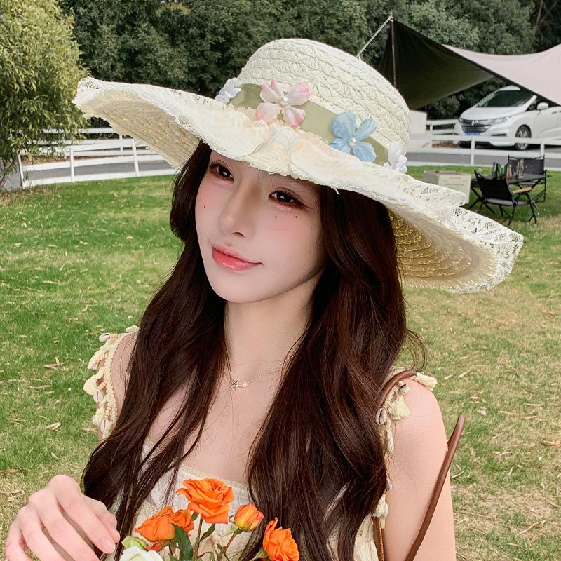 Korean sweet flower big brim sun hat women's summer outing beach hat sunshade straw straw hat
