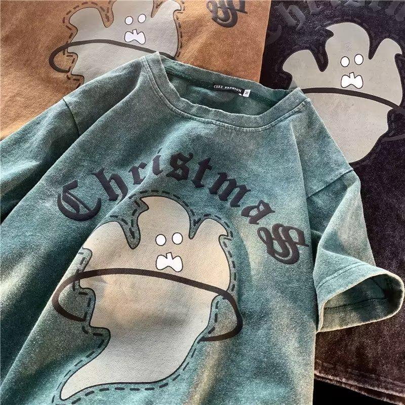 

Мужская летняя выстиранная состаренная ретро футболка с коротким рукавом свободного кроя 2XL зелёный