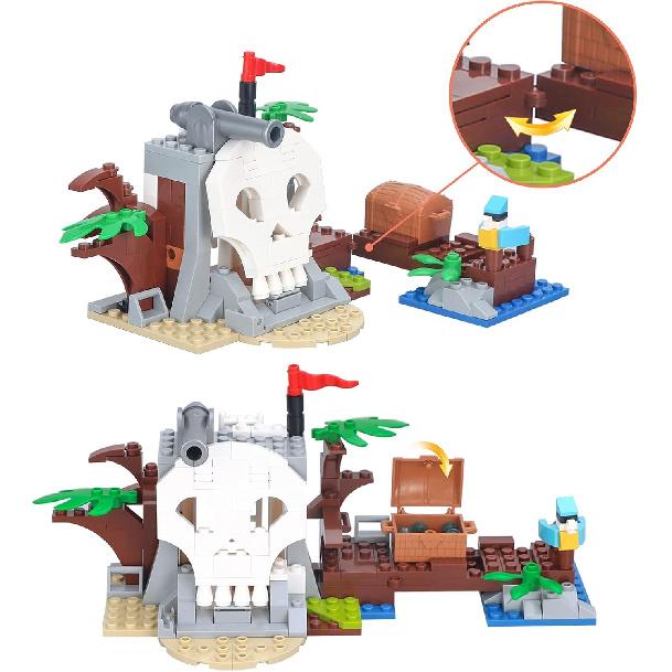 3in1 Pirate Ship Building Set with Treasure Island, Toy Pirates Island Building Kit, Outpost with Slide and Seesaw, Creative Playset Pirates Themed
