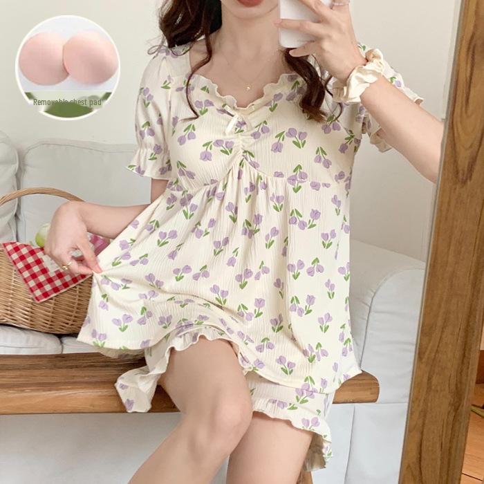 "Women's Summer Pajama Set with Chest Pads: Wrinkle-Resistant, Short Sleeves, Korean-Style, Sweet & Cute"
