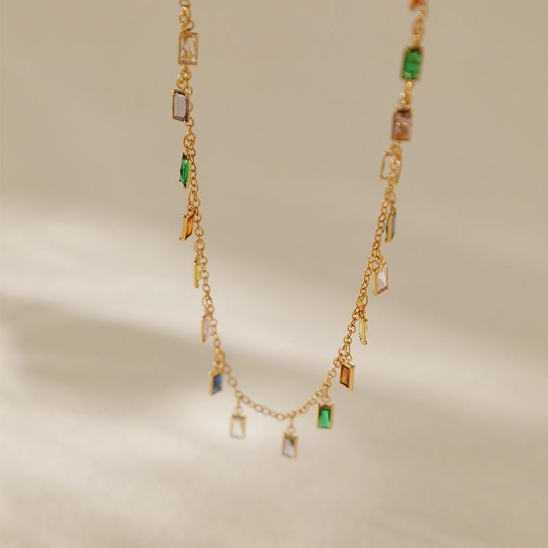 Vacation Style Long Strip Color Glass Gold Plated Clavicle Chain Necklace