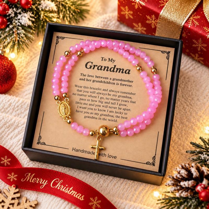 Christmas Themed Black Bead Heart Magnetic Clasp Bracelet With English Greeting Card Women