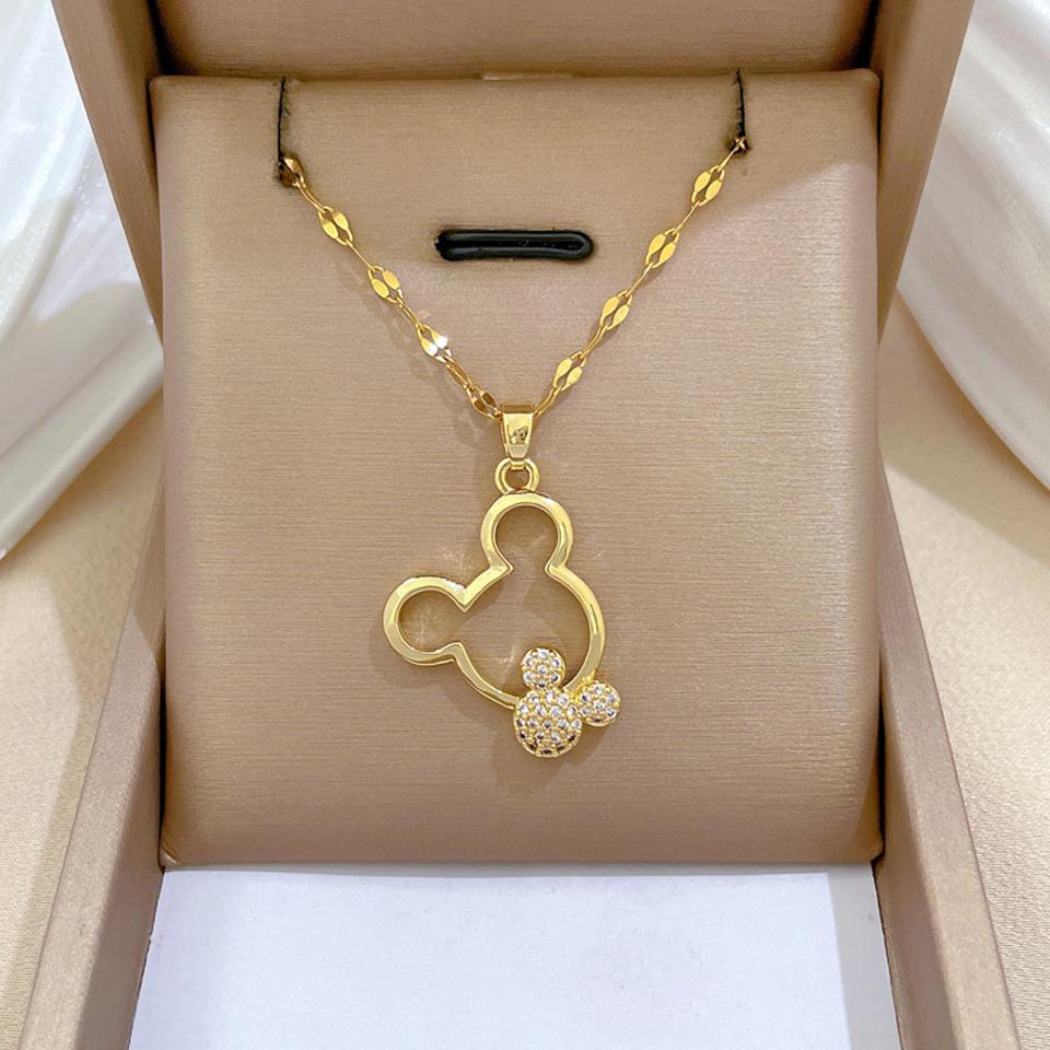ZAKOL Gold Color Stainless Steel Hollow Mouse Head CZ Necklace for Women Cute Collar Accessories Girls Birthday Gift