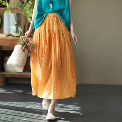 Women Vintage Skirts Elastic Waist Solid Color Loose Casual Cloths Summer Patchwork Skirts